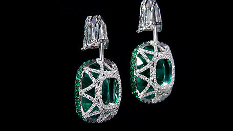 Cushion Emerald Earrings set with Kite Shaped Diamonds and accented with Emeralds
