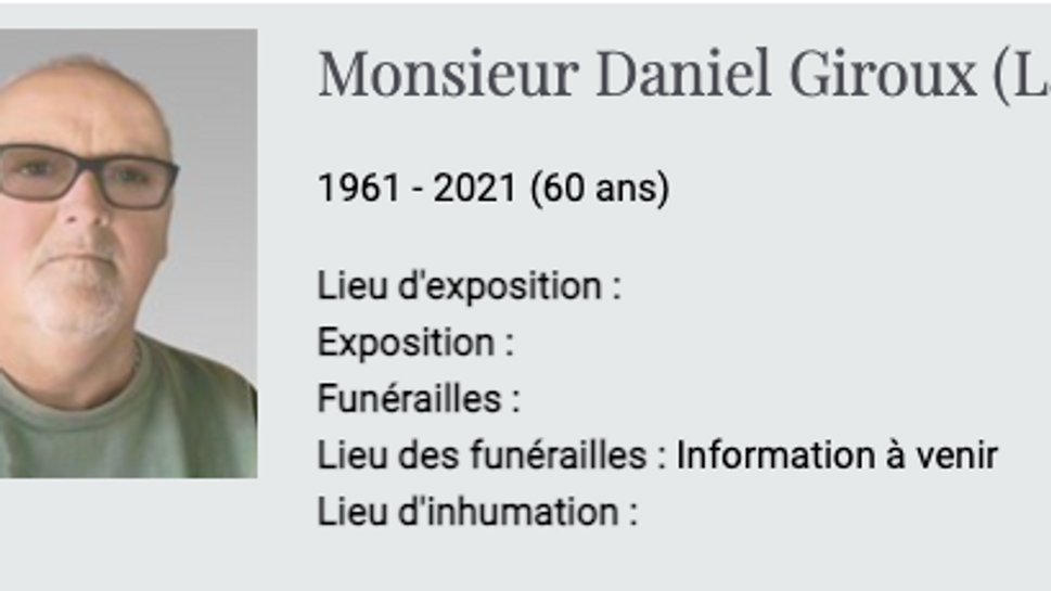 Daniel Giroux funérailles 29 janvier 2022